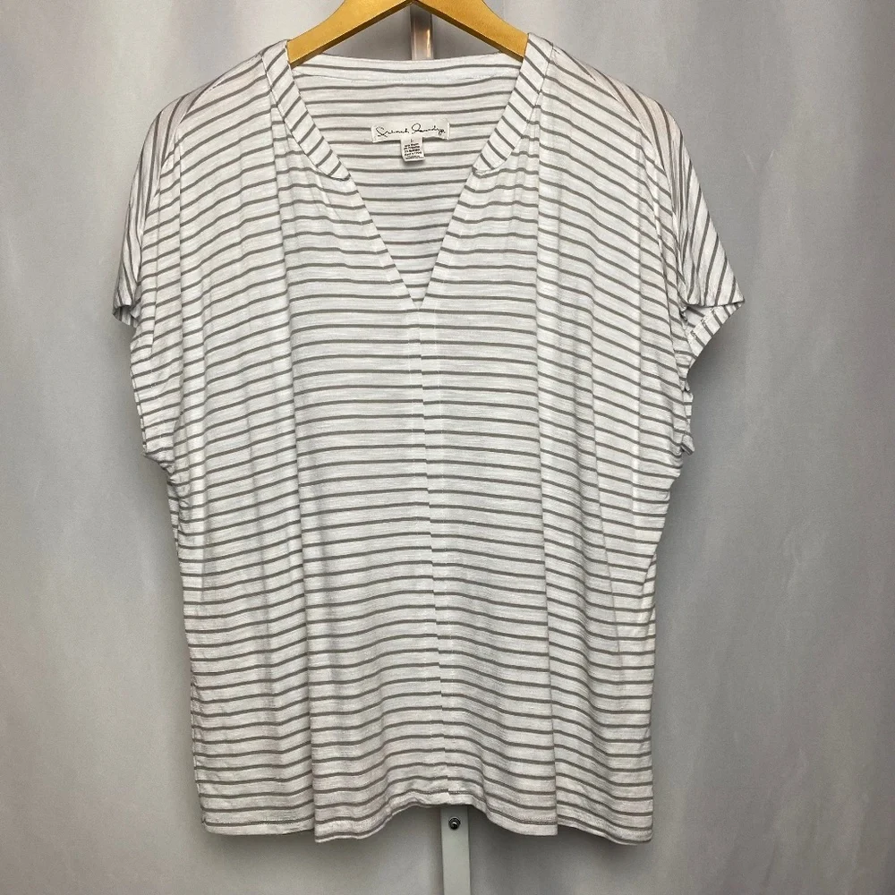 French Laundry Grey | White Striped Loose Fit Drop Shoulder Blouse Large